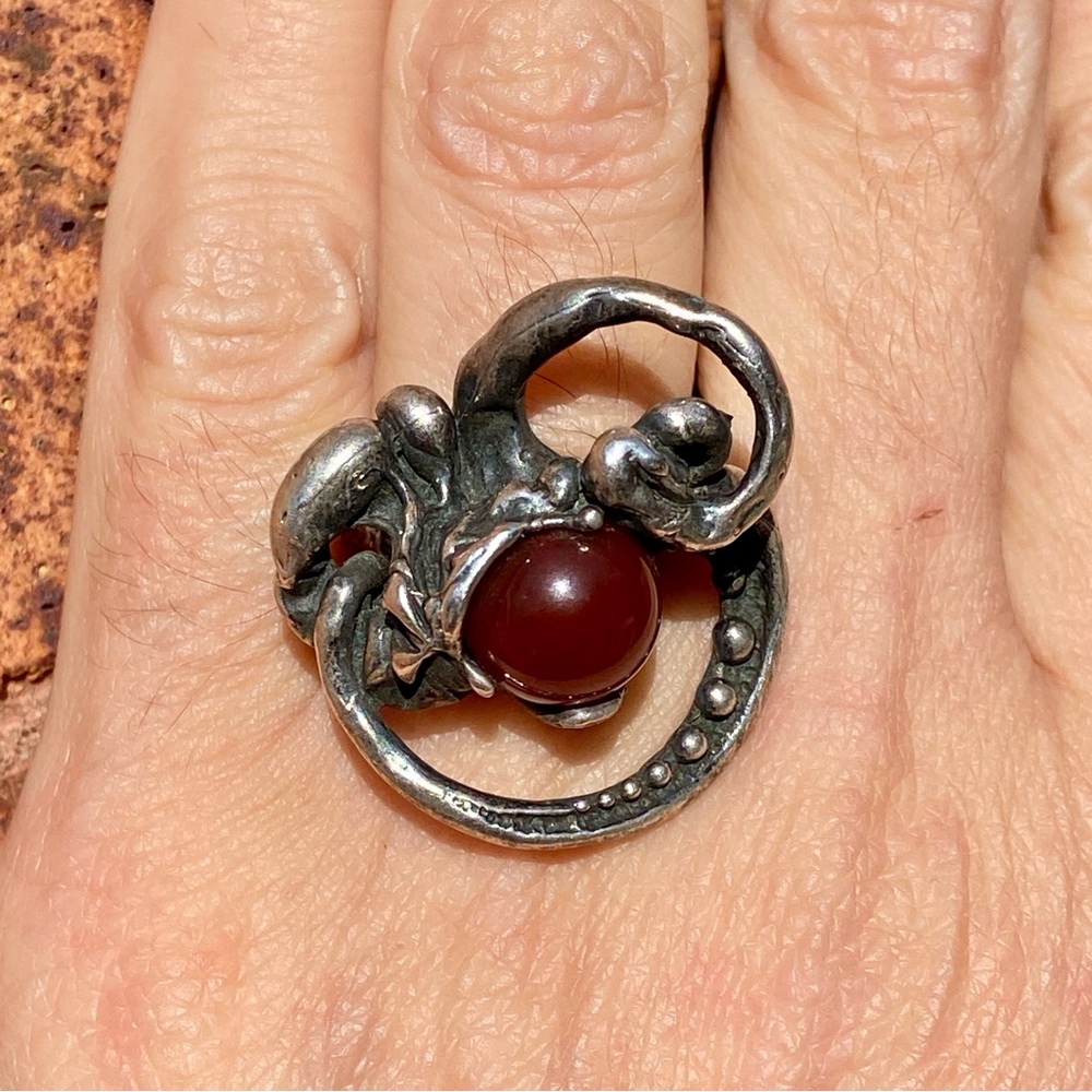 Vintage Brutalist Sterling Silver Carnelian Ring  Israel 1970’s Handmade OOAK